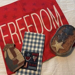 Patriotic pillow cover, hand towel, r-w-b wooden bears and floating candles